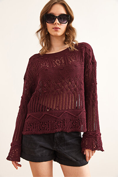 Olalook Kadın Bordo Minik Ponponlu Ajurlu Pamuk Triko Bluz BLZ-19002336