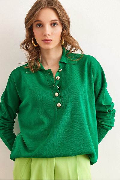 Olalook Women's Green Gold Buttoned Polo Neck Slim Knitwear Sweater Kzk- 19000964