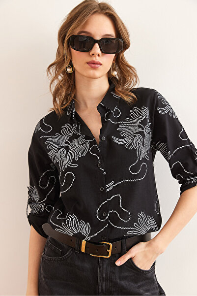 Olalook Women's Chain Black Sleeve Fold Linen Shirt Gml- 19000825