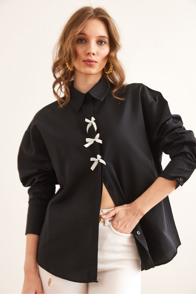 Olalook Women's Black Bow Detailed Woven Shirt Gml- 19001291