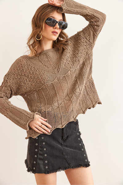 Olalook Women's Mink V Detailed Spanish Sleeve Openwork Blouse Blz- 19002241