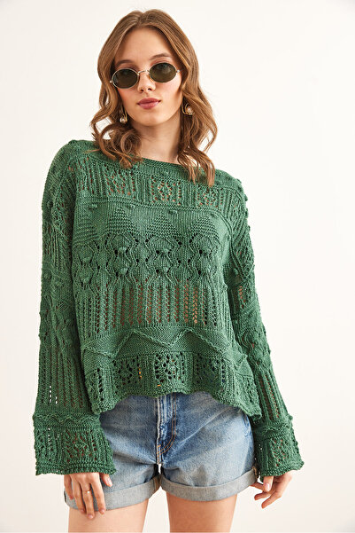 Olalook Γυναικεία Πράσινη Μικροσκοπική Πλεκτή Μπλούζα από βαμβακερό διάτρητο πομπόν BLZ- 19002336
