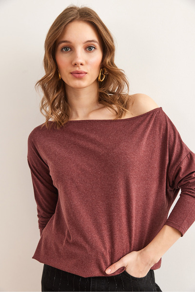 Olalook Γυναικεία μπλούζα με ντραπέ από βισκόζη με λαιμόκοψη σκούρο τριαντάφυλλο BLZ- 19002738