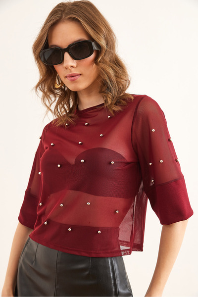 Olalook Women's Burgundy Bead Detailed Transparent Blouse Blz- 19002861
