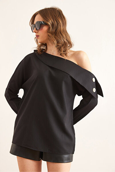 Olalook Women's Black Boat Neck Button Detailed Woven Blouse Blz- 19002858