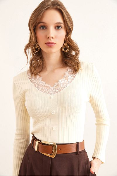 Olalook Women's Ecru Collar Lace Button Detailed Lycra Knitwear Blouse Blz- 19002868