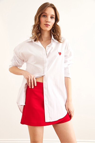 Olalook Cămașă oversize cu inimă albă pentru femei, cu broderie ascunsă GML- 19001295