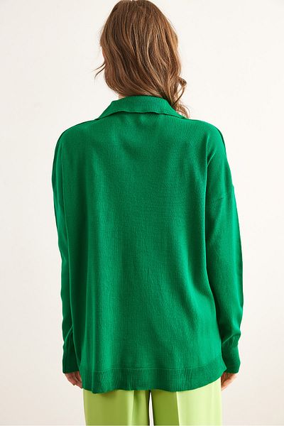 Olalook Women's Green Gold Buttoned Polo Neck Slim Knitwear Sweater Kzk- 19000964