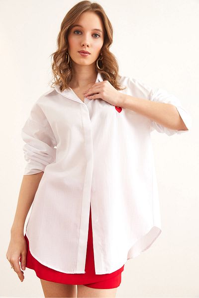 Olalook Cămașă oversize cu inimă albă pentru femei, cu broderie ascunsă GML- 19001295