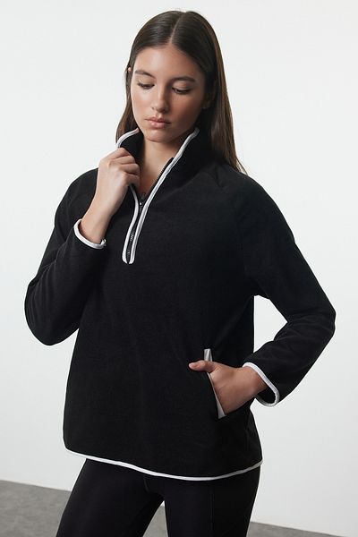 Trendyol Collection Зимен черен плетен спортен суитшърт - поларен цип и кант Thmaw25Sw00002