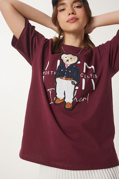 Happiness İstanbul Damen-T-Shirt aus Baumwolle mit Oversize-Bordüre in Weinrot CR00452