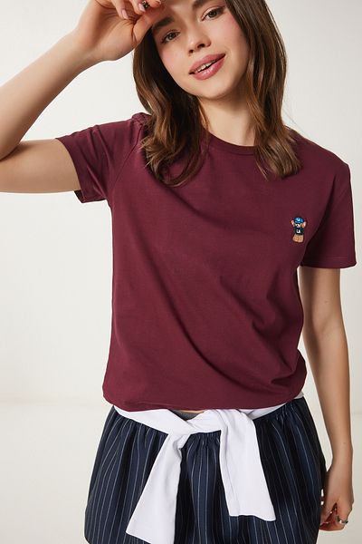 Happiness İstanbul Burgunderrotes Teddybär-T-Shirt aus bestickter Baumwolle für Damen CR00455
