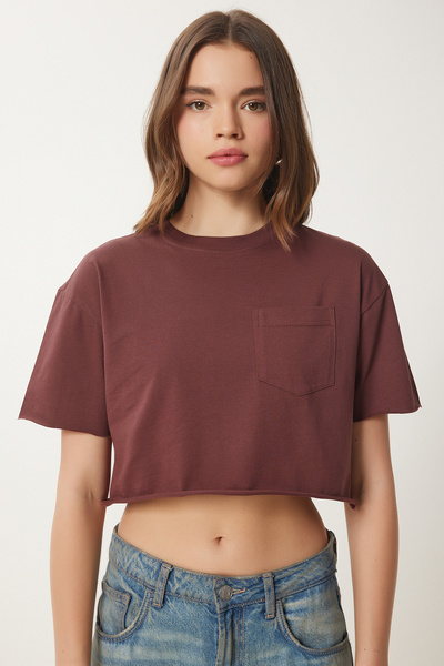 Happiness İstanbul Γυναικείο Πλεκτό Μπλουζάκι από Καφέ Βαμβακερό Crop CR00443