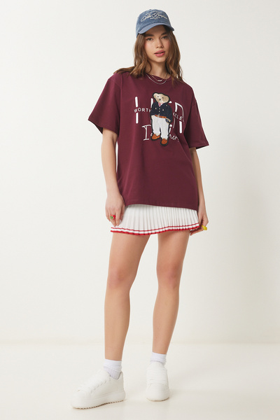 Happiness İstanbul Női Oversize Claret Red hímzett pamut póló CR00452