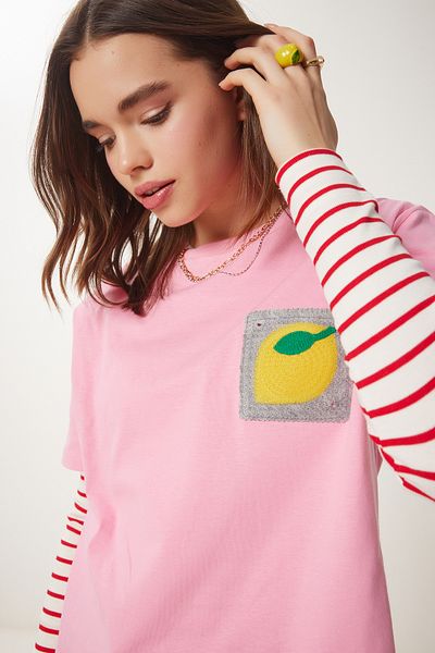 Happiness İstanbul Women's Pink Embroidery Pocket Cotton T-Shirt Cr00450