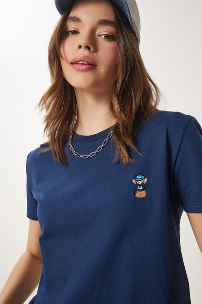 Happiness İstanbul Marineblaues Damen-T-Shirt aus Baumwolle mit Teddybär-Stickerei CR00455
