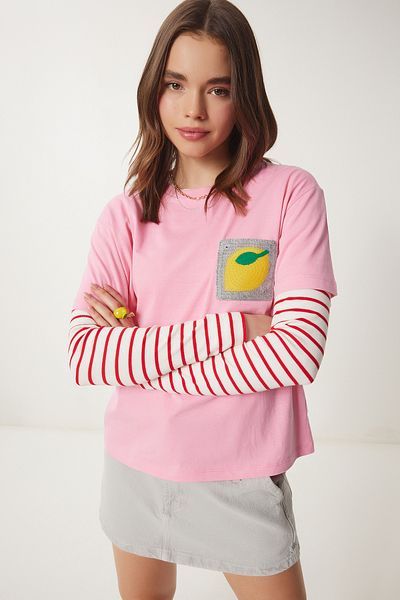 Happiness İstanbul Women's Pink Embroidery Pocket Cotton T-Shirt Cr00450