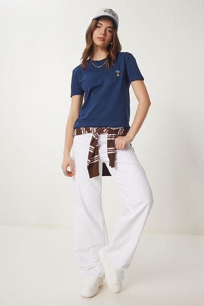 Happiness İstanbul Marineblaues Damen-T-Shirt aus Baumwolle mit Teddybär-Stickerei CR00455