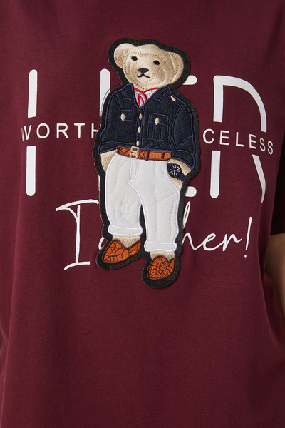 Happiness İstanbul Női Oversize Claret Red hímzett pamut póló CR00452