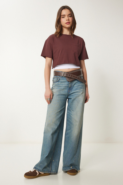 Happiness İstanbul Γυναικείο Πλεκτό Μπλουζάκι από Καφέ Βαμβακερό Crop CR00443