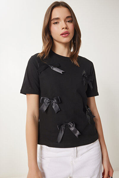 Happiness İstanbul Dámské černé bavlněné pletené tričko s mašlí CR00453