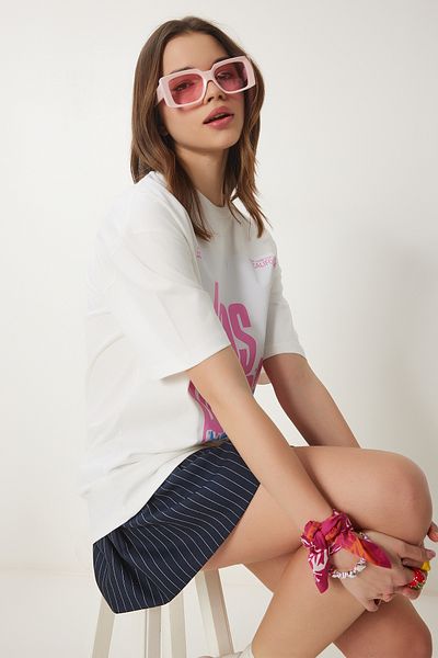 Happiness İstanbul Women's Ecru Printed Cotton Oversize Knitted T-Shirt Cr00446