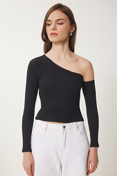 Happiness İstanbul Women's Anthracite Black Open Shoulder Ribbed 2-Piece Knitted Blouse Tg00013