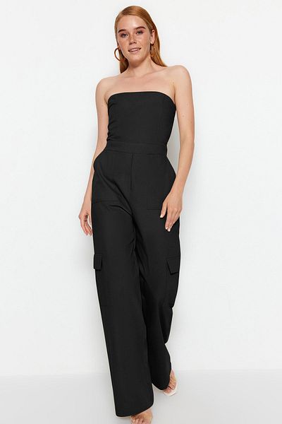 Trendyol Collection Černý Cargo Kapesní límeček Maxi Woven Overal TWOSS23TU00192