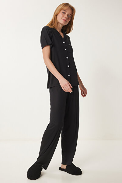 Happiness İstanbul Kadın Siyah Gömlek Alt Örme Pijama Takımı PQ00001