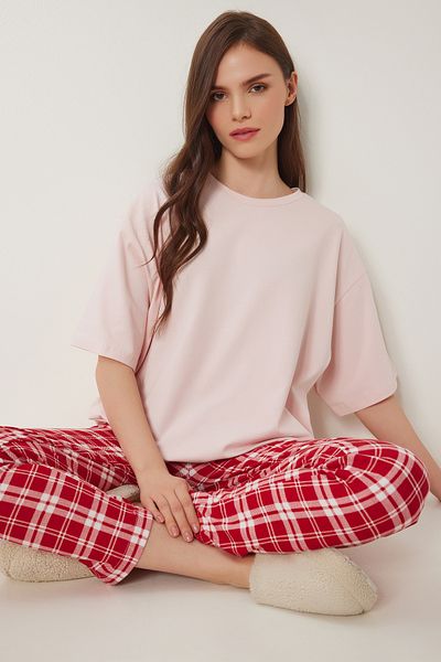 Happiness İstanbul Pink Red Oversize Tshirtli Women's Pajama Set Pys0031