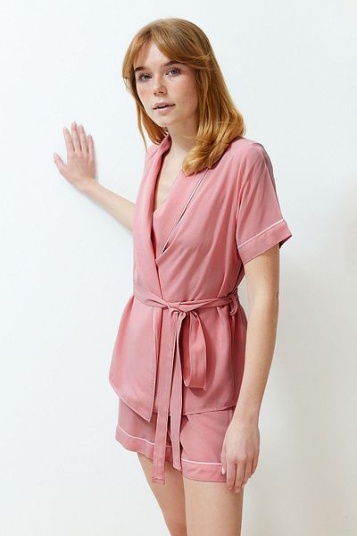 Trendyol Collection Viscose Dusty Rose Pajama Set with Shorts - Belt and Piping Detail Thmss23Pt00203