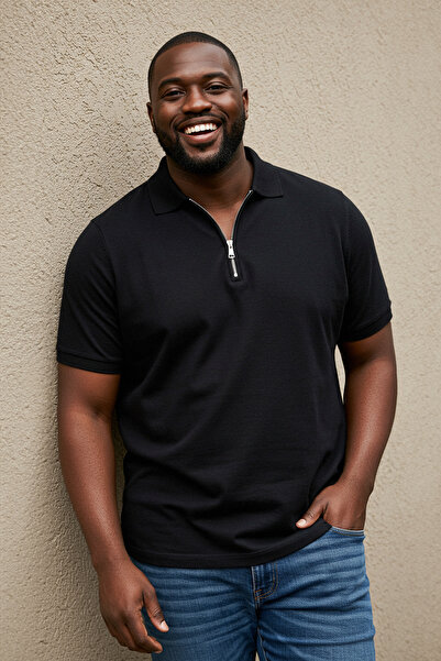 Trendyol Collection Plus Size Black Polo Neck Textured T-Shirt - Oversize Cutout Tmnss25Bp00006