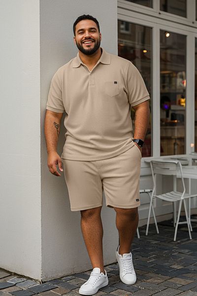 Trendyol Collection Camel Regular/Normal Cut Textured Polo Neck T-Shirt-Shorts Plus Size Sweatpants Set