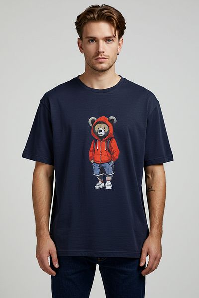 Trendyol Collection Unisex oversize bavlněné tričko Teddy Bear s potiskem v námořnické modré - TMNSS25TS00158