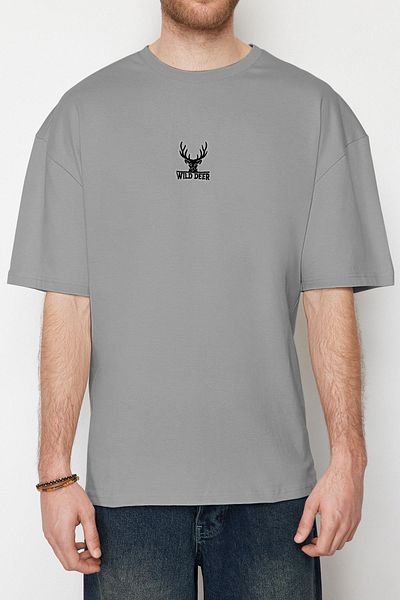 Trendyol Collection Grey Oversize T-Shirt with Deer Embroidery - 100% Ok, Tmnss24Ts00055