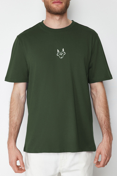 Trendyol Collection Μπλουζάκι με κέντημα λύκου Χακί - Κανονική εφαρμογή 100% TMNSS24TS00056