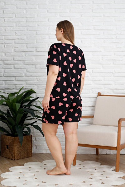 Trendyol Curve Black Heart Pattern Soft Button Milan Knitted Pajamas Set Tbbss25Ai00060