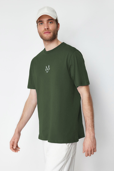 Trendyol Collection Μπλουζάκι με κέντημα λύκου Χακί - Κανονική εφαρμογή 100% TMNSS24TS00056