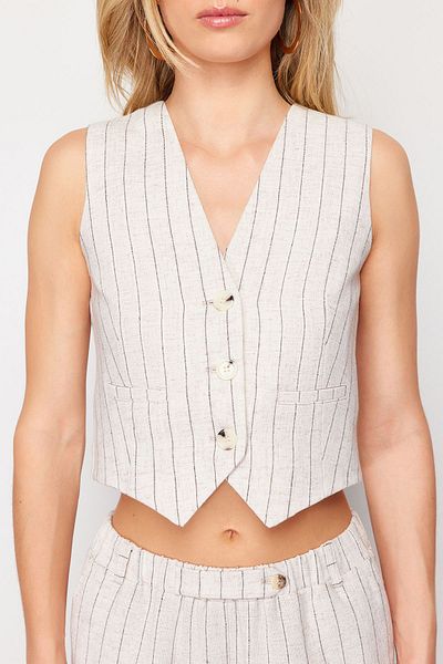 Trendyol Collection Kurze Weste aus Baumwollleinen, Beige gestreift - TWOSS24YE00025