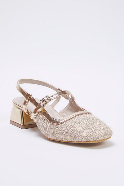 TRENDYOL SHOES Beige Tweed Square Toe Mary Jane Damen Blockabsatz Schuhe TAKSS25TO00023
