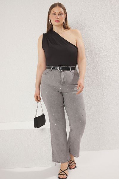 Trendyol Curve Grey High Waist Trock Wide Leg Denim Plus Size Jeans Tbbss25Cj00026