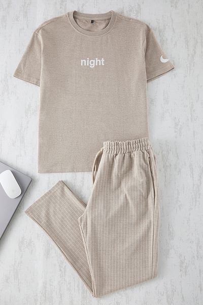 Trendyol Collection Set pijamale tricotate cu imprimeu Regular Fit bej THMAW21PT0393
