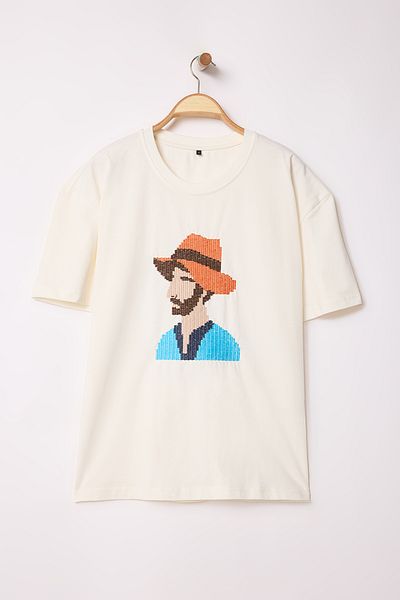 Trendyol Collection Εκρού Κεντημένο Υπερμεγέθη Χοντρό Βαμβακερό T-Shirt - TMNSS25TS00011