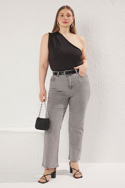 Trendyol Curve Grey High Waist Trock Wide Leg Denim Plus Size Jeans Tbbss25Cj00026