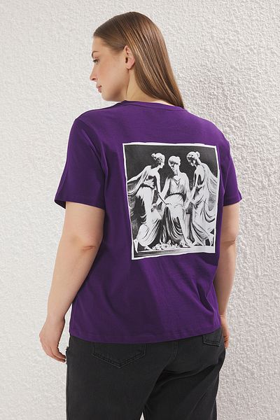 Trendyol Curve Plus Size Purple Renaissance Printed Crew Neck T-Shirt - Tbbss25Bf00049