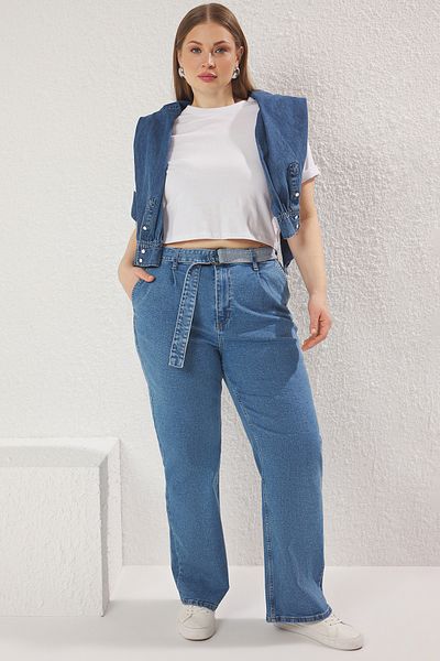 Trendyol Curve Light Blue High Waist Belt Wide Leg Plus Size Jeans Tbbss25Cj00009