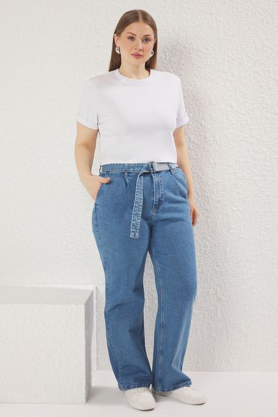 Trendyol Curve Light Blue High Waist Belt Wide Leg Plus Size Jeans Tbbss25Cj00009