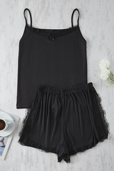Trendyol Curve Black Side Lace Detail Ribbed Knitted Pajamas Set Tbbss25Ai00091