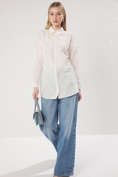 Trendyol Modest Detailní tkaná košile Ecru Bow TCTSS25TG00002