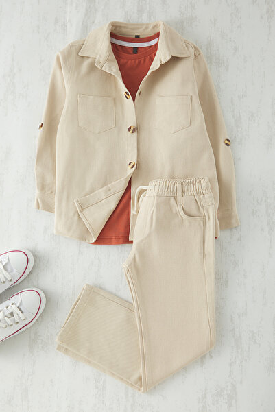 TRENDYOLKIDS Set de jos și de sus țesut de bază pentru băiat bej 100% bumbac ...